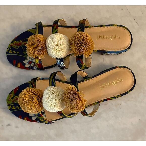 J. McLaughlin Mandy Floral Pom Pom Sandals Slides‎ Size 8 Leather Blue Raffia - Picture 2 of 5